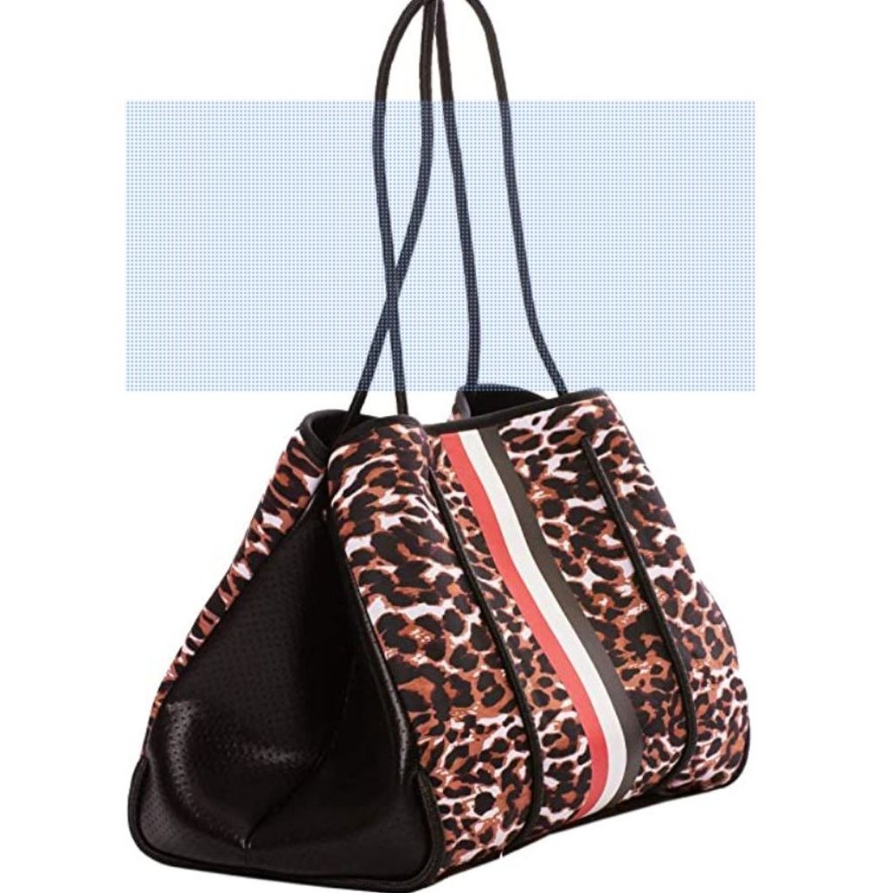Haute Shore LEOPARD PRINT Tote Purse Leopard/ Red/Black Stripe Bag.